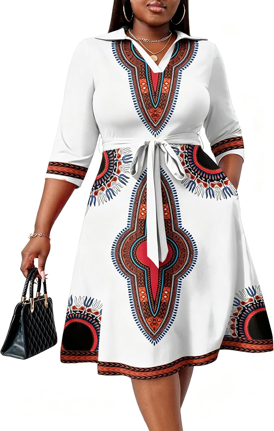 FANDEE Plus Size Midi Dress for Women Casual - Fit and Flare Summer Dresses | Semi Formal,African Print,Polo Collar Cocktail Dress,With Pockets And Belt