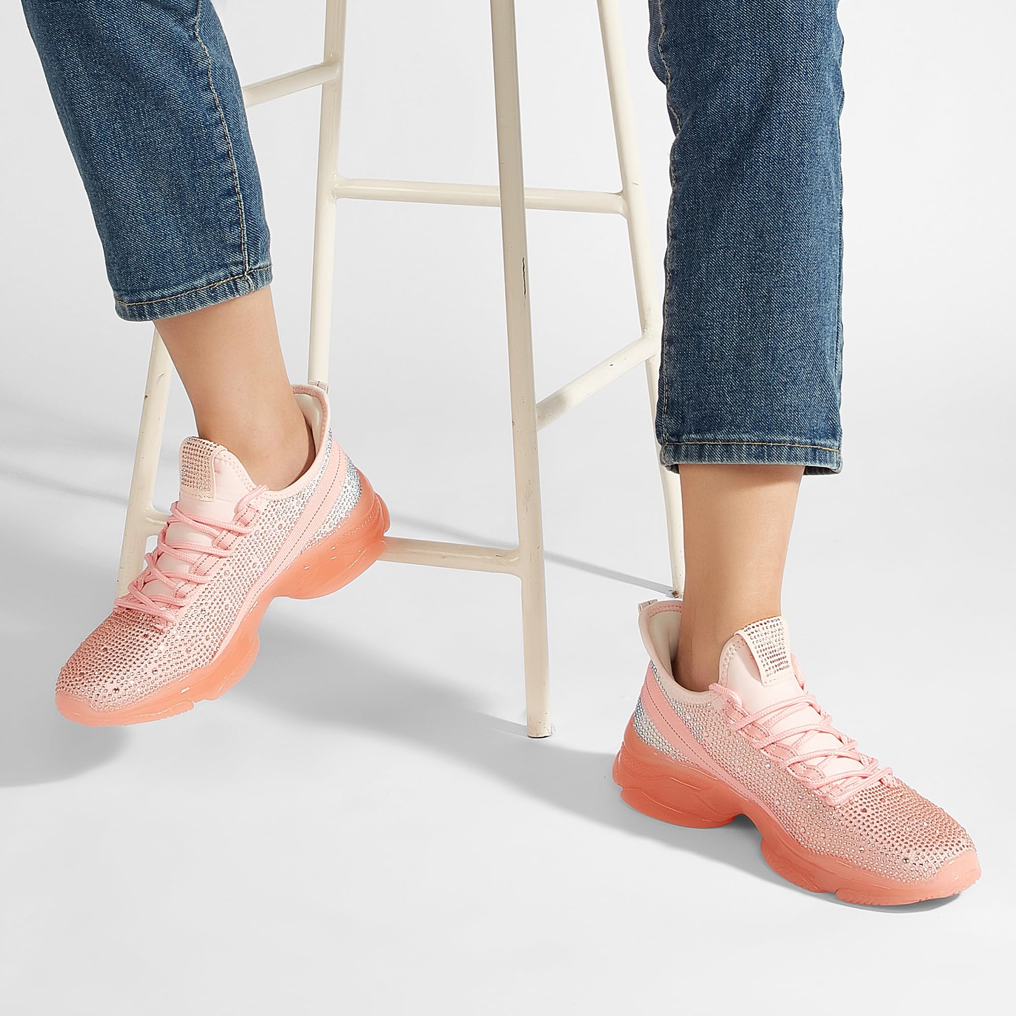 BELOS Women Rhinestone Mesh Slip On Walking Shoes | Fashion Breathable Spakle Glitter Sneaker