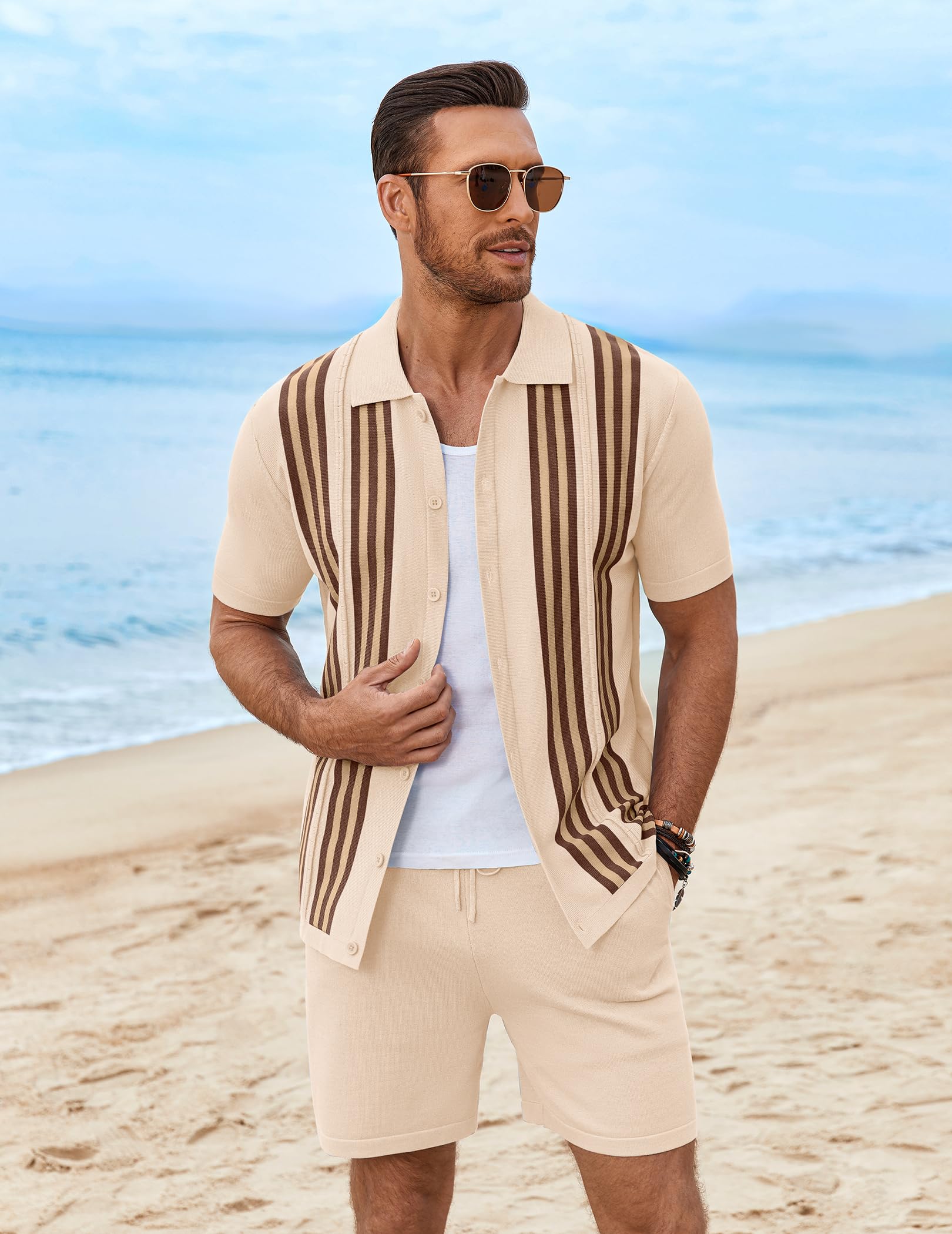 COOFANDY Men's 2 Piece Outfits Summer Short Sets Vintage Knit Button Down Shirt Short Sleeve Polo Casual Beach Suits
