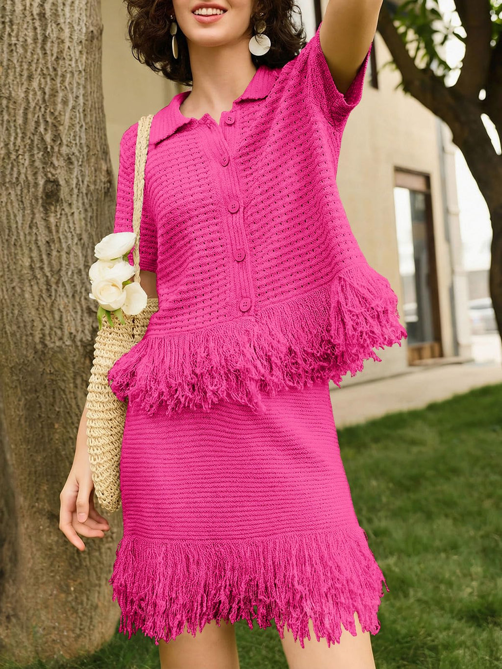 Fisoew Womens 2 Piece Outfits Crochet Short Sleeve Button Knit Sweater Tops and Fringe Skirt Vacation Sets