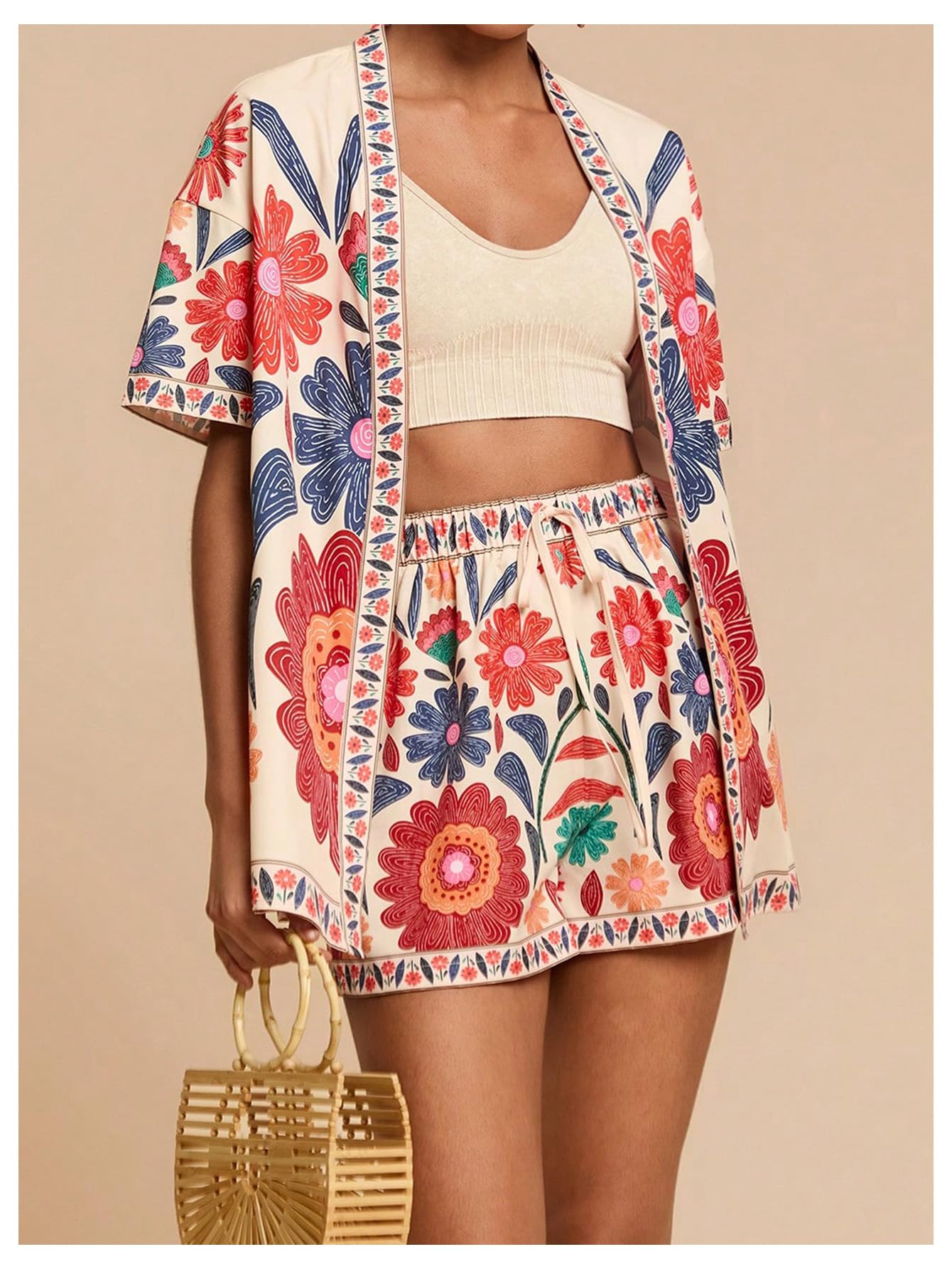 MakeMeChic Women's Two Piece Sets Summer Tropical Vacation Outfits Boho Floral Kimono Tops Shorts Set