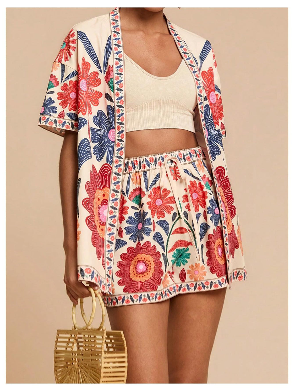 MakeMeChic Women's Two Piece Sets Summer Tropical Vacation Outfits Boho Floral Kimono Tops Shorts Set