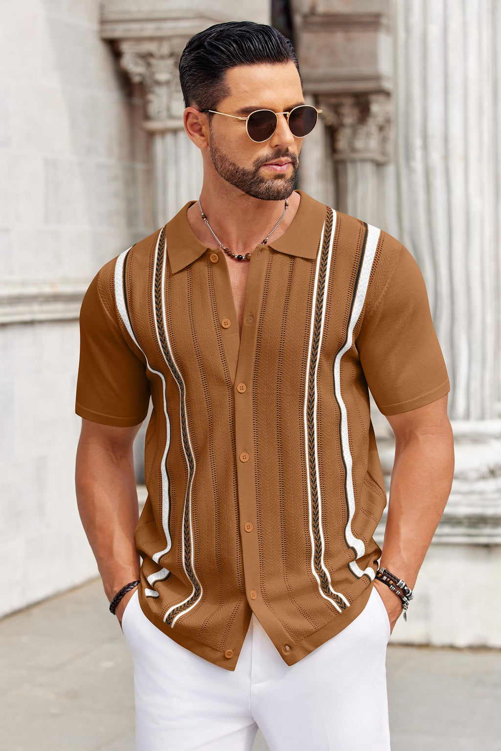 COOFANDY Knit Shirts for Men Casual Short Sleeve Button Down Shirts Summer Beach Stretch Fit Collared Shirts