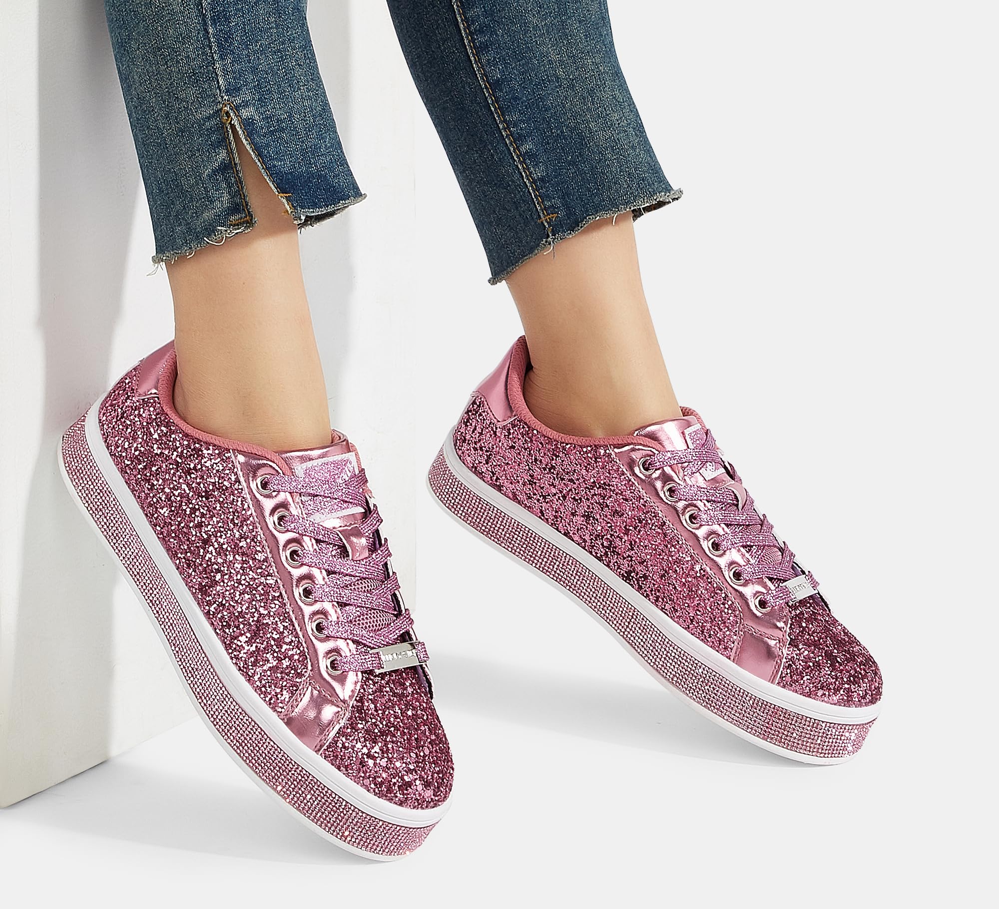 LUCKY STEP Women's Platform Sparkly Glitter Sneakers | Bling Shiny Dressy Bedazzled Wedding Bridal Fashion Walking Shoes