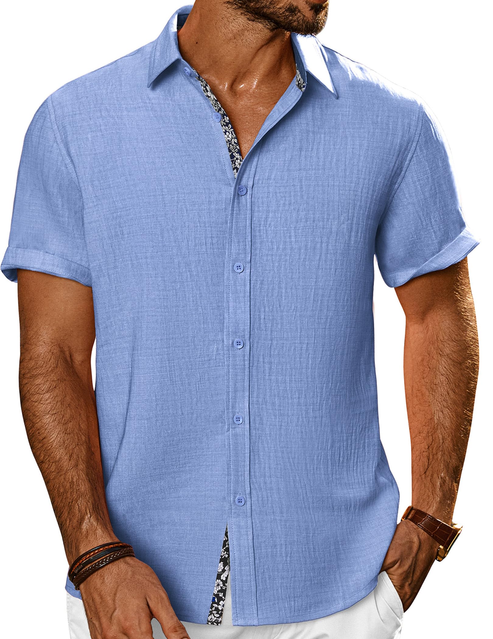 PJ PAUL JONES Mens Short Sleeve Button Down Shirts Casual Summer Clothing | Linen Textured, Summer Beach Vacation Tops, Untucked Dress Shirt, Lightweight, Regular Fit, Fashion Resort Wear