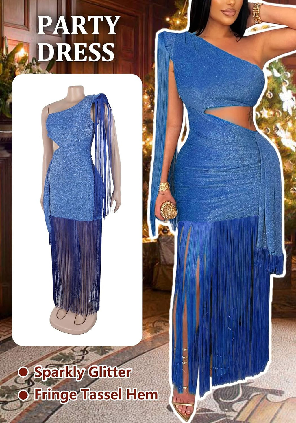 Geulis Women Wedding Guest Dresses Elegant One Shlouder Fringe Dress | Sexy Bodycon Maxi Dress,Cutout off the Shoulder Cocktail Evening Party Formal Dress,Sparkly Glitter,With Tassels