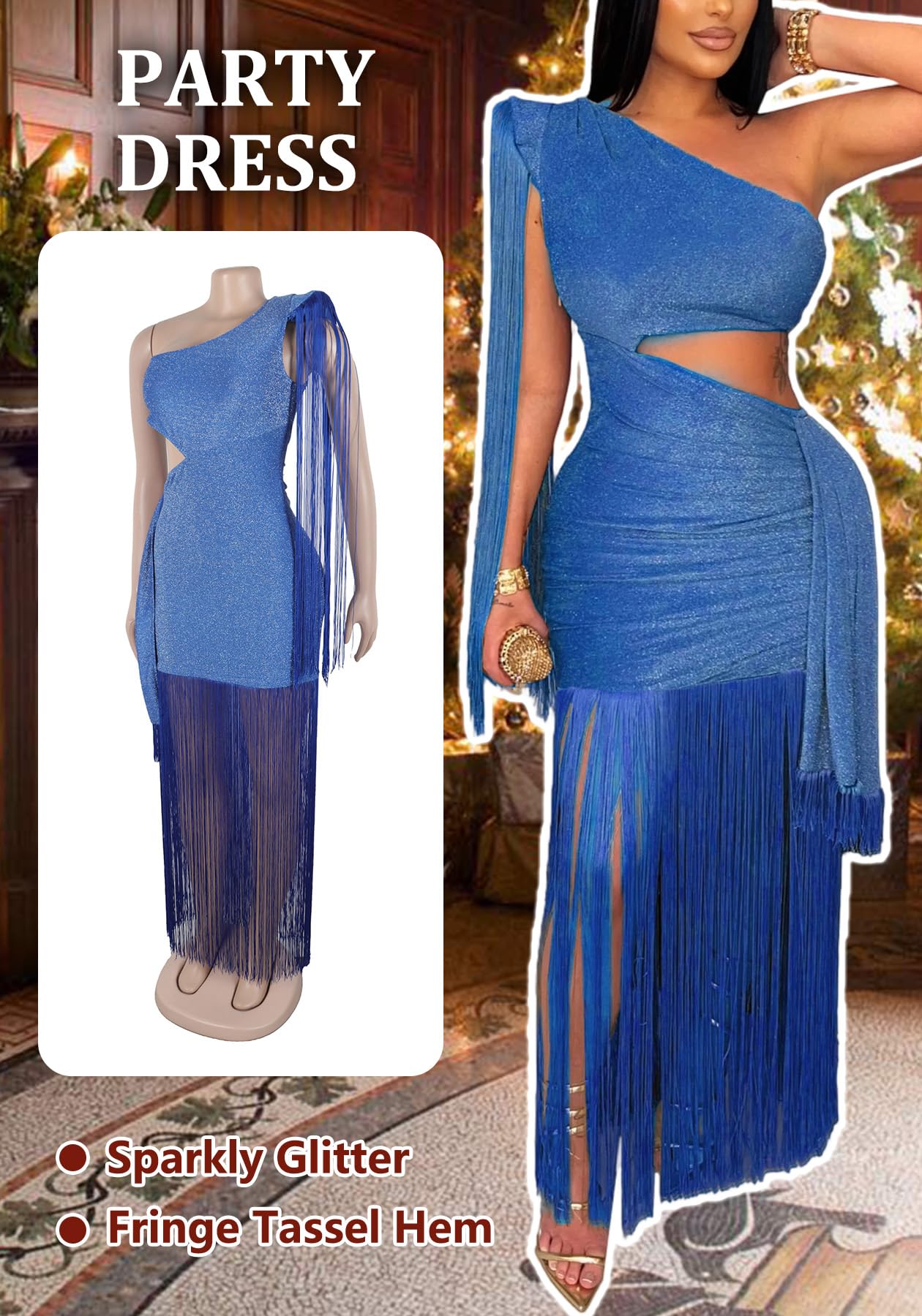 Geulis Women Wedding Guest Dresses Elegant One Shlouder Fringe Dress | Sexy Bodycon Maxi Dress,Cutout off the Shoulder Cocktail Evening Party Formal Dress,Sparkly Glitter,With Tassels