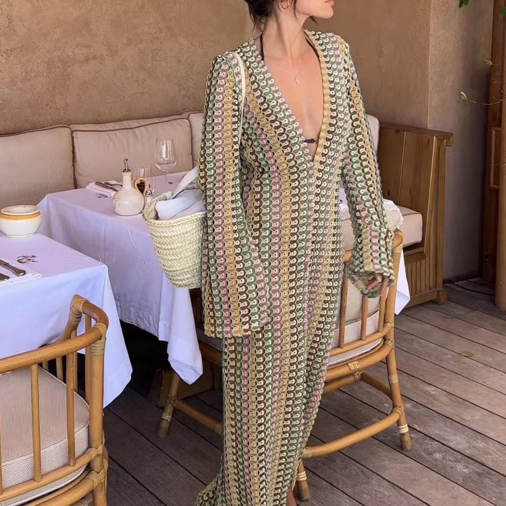 Womens Crochet Colorful Bell Long Sleeve V Neck Loose Maxi Dress Sexy Boho Eyelet Long Sundresses with Slit