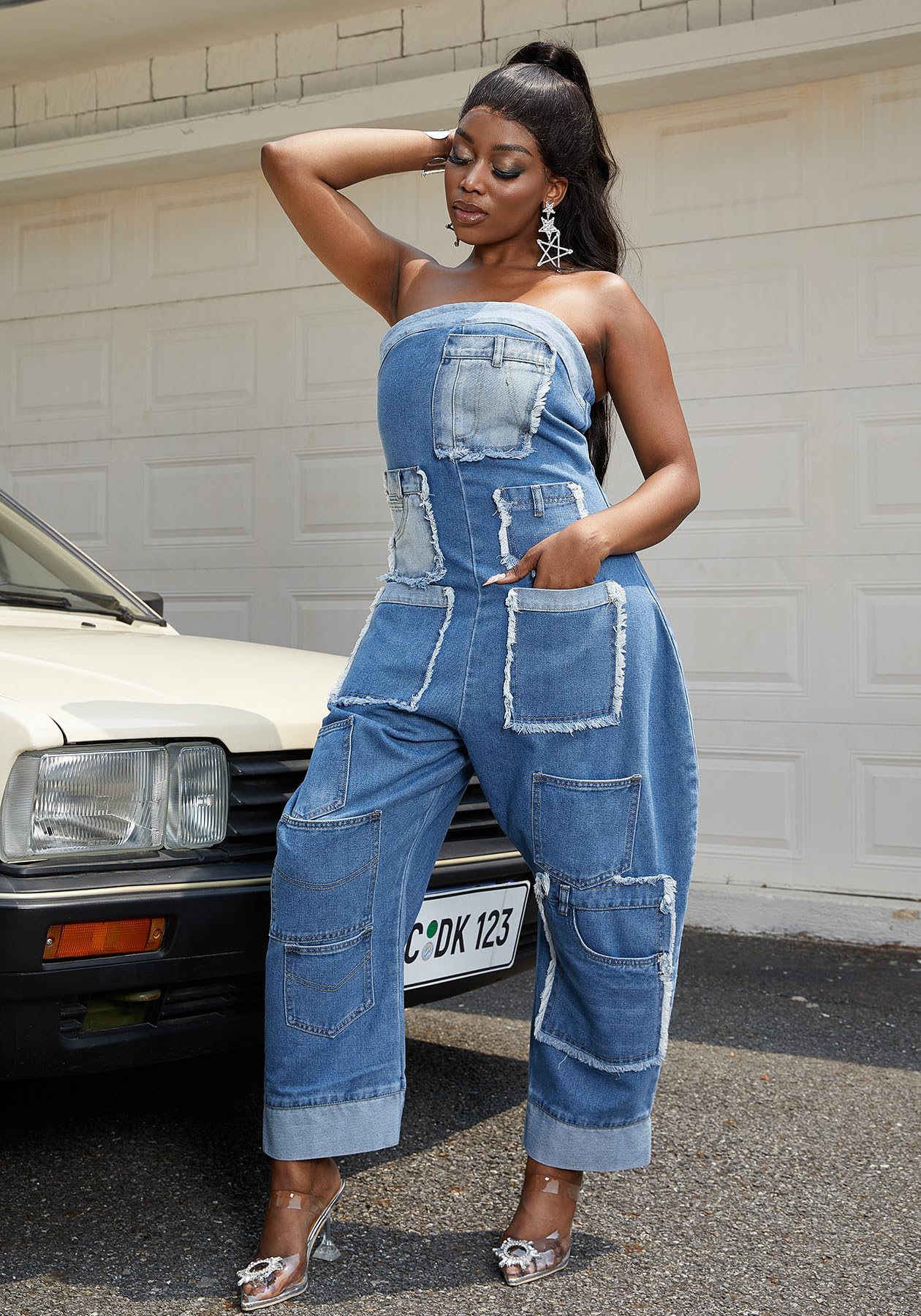 Kwunbwa Strapless Denim Jumpsuit for Women Loose Wide Leg Cargo Jean Romper | Stretch Fabric, Blue One Piece Jean Romper, Patchwork, Multi Pockets, Baggy, Sexy, Plus Size, Suitable for Casual, Street