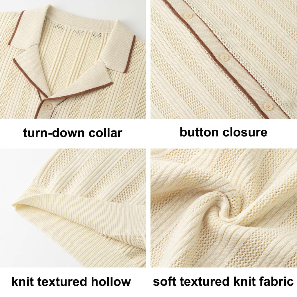 Men's Knit Button Down Shirt Short Sleeve Vintage Knitted Striped Summer Beach Tops S-XXL