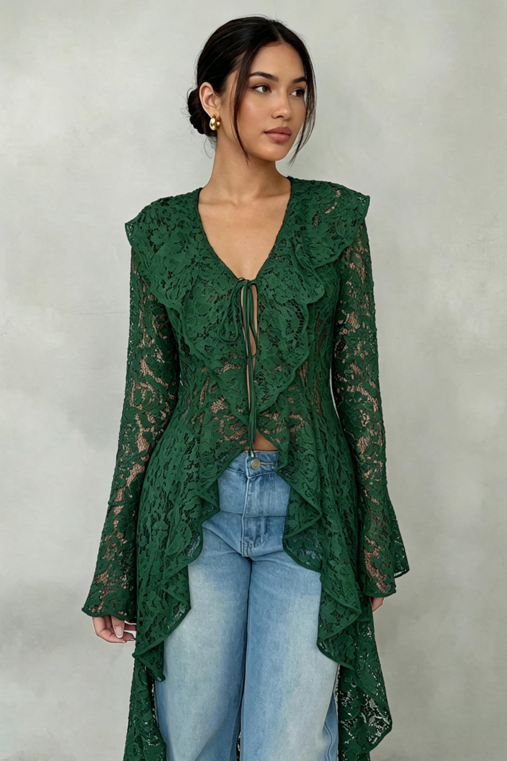 Lace Cardigan for Women Maxi Summer Lightweight Open Front Tie Bell Long Sleeve Ruffled Tops Duster Swimsuit Cover Up