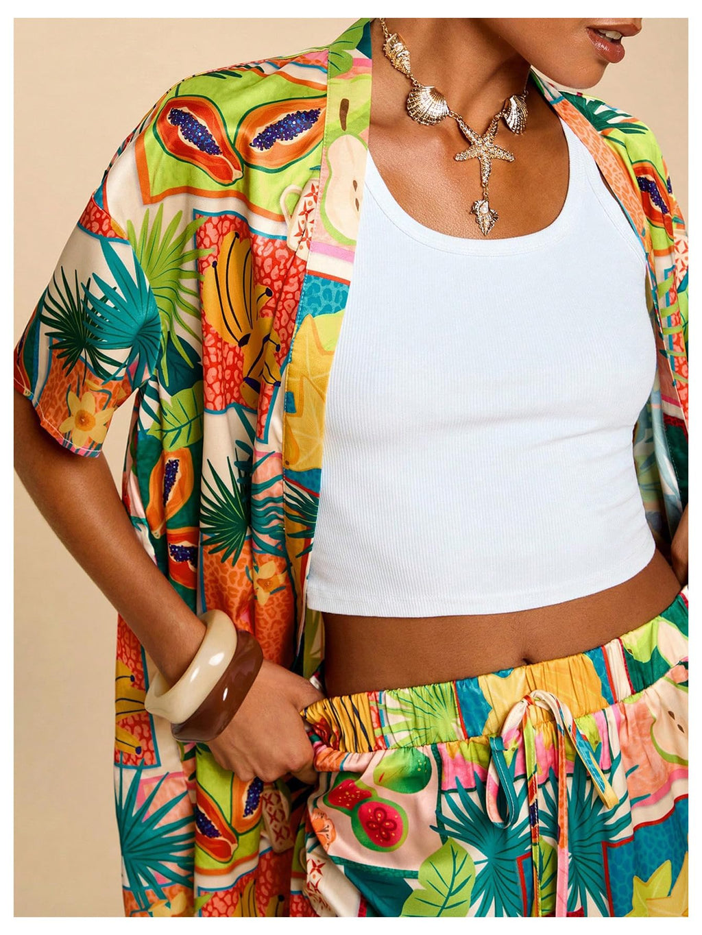 MakeMeChic Women's Two Piece Sets Summer Tropical Vacation Outfits Boho Floral Kimono Tops Shorts Set