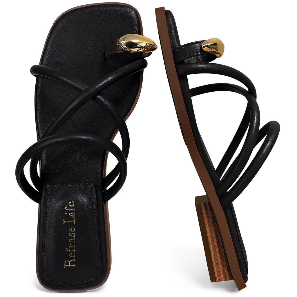 REFRASE LIFE Women's Toe Ring Slide Sandals Strappy Toe Loop Slip On Open Toe Flip Flops, Casual Summer Beach Shoes