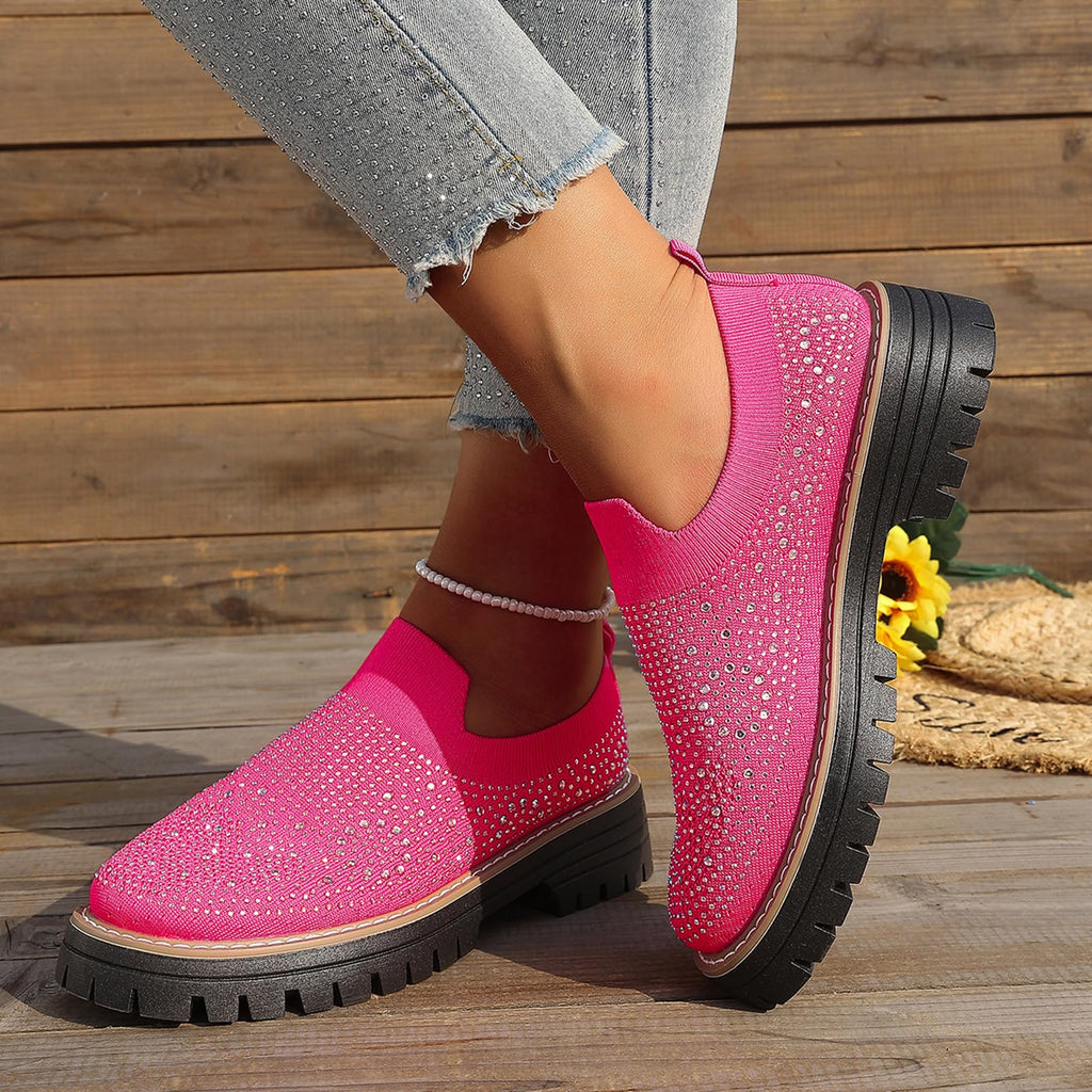 Women's Knit Rhinestone Platform Sock Sneakers Breathable Mesh Round Toe Slip On Lug Sole Loafers Lightweight Walking Sport Casual Shoes