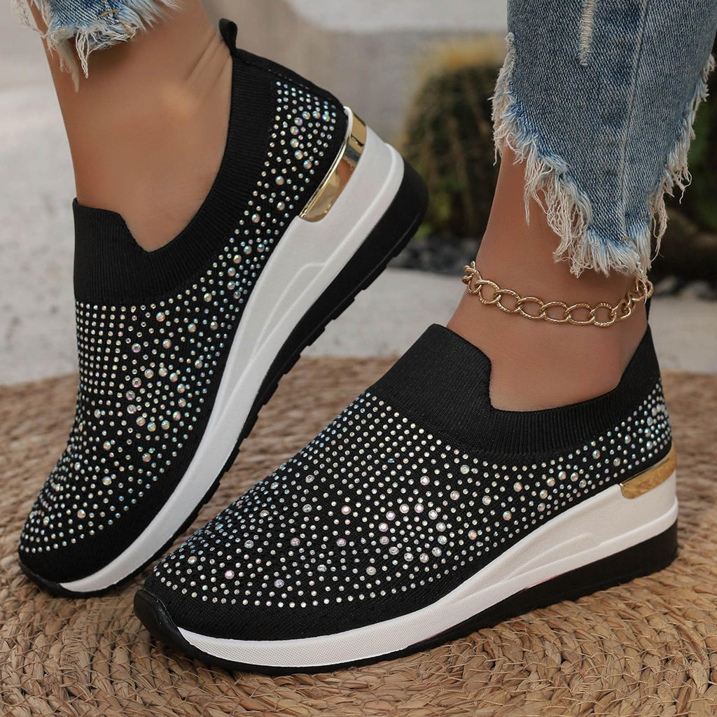 Shoes for Women Dressy Casual,Rhinestone Sneakers for Women Sparkly Bling Women's Rhinestone Mesh Slip-On Summer Shoes Breathable Spakle Glitter Comfortable Orthopedic Wedge Walking Shoes