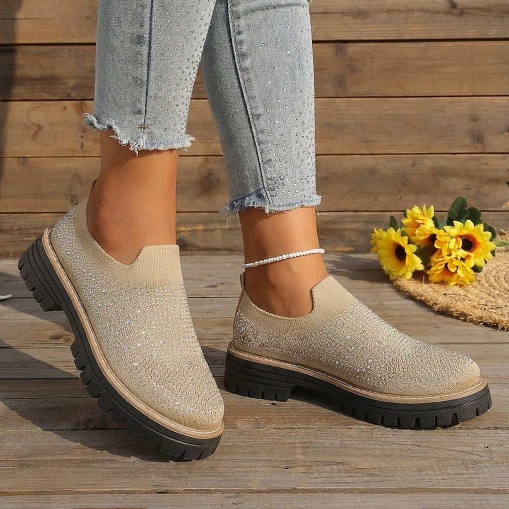 Women's Knit Rhinestone Platform Sock Sneakers Breathable Mesh Round Toe Slip On Lug Sole Loafers Lightweight Walking Sport Casual Shoes