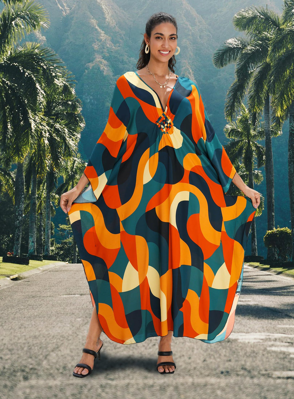 Yanziliu Kaftan Dress for Women,Plus Size Hawaiian Batwing Sleeve Beach Cover Up Summer Swimsuit Dresses