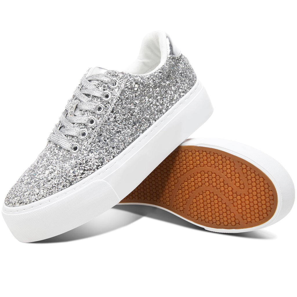 Jeekopeg Glitter Platform Sneakers Women Casual Sequin Sparkly Shoes Bling Thick Sole Walking Shoes Shiny Sequin Wedding Sneakers for Lady