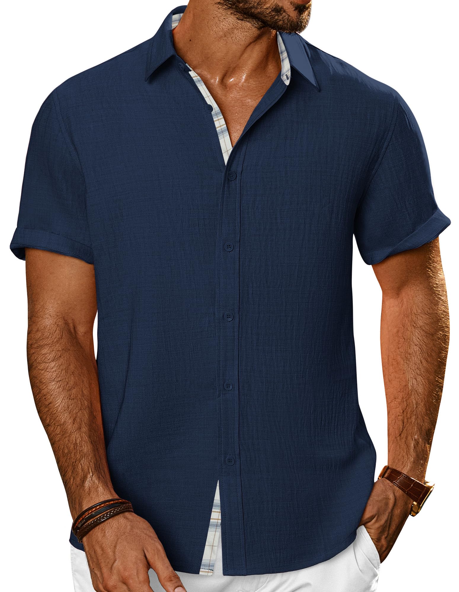 PJ PAUL JONES Mens Short Sleeve Button Down Shirts Casual Summer Clothing | Linen Textured, Summer Beach Vacation Tops, Untucked Dress Shirt, Lightweight, Regular Fit, Fashion Resort Wear