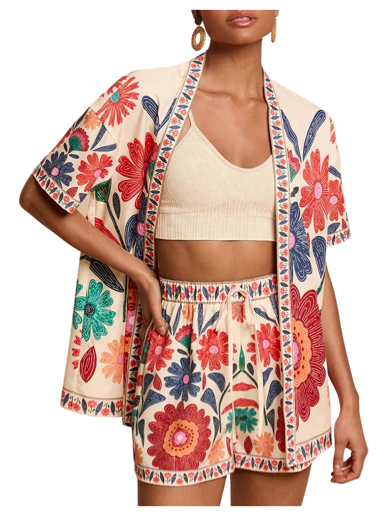MakeMeChic Women's Two Piece Sets Summer Tropical Vacation Outfits Boho Floral Kimono Tops Shorts Set