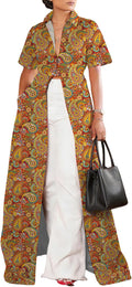Summer Womens Top Maxi Long Short Sleeve V Neck Zip Up Casual Blouse Kimono Tee Shirt Dress with Pocket for Women