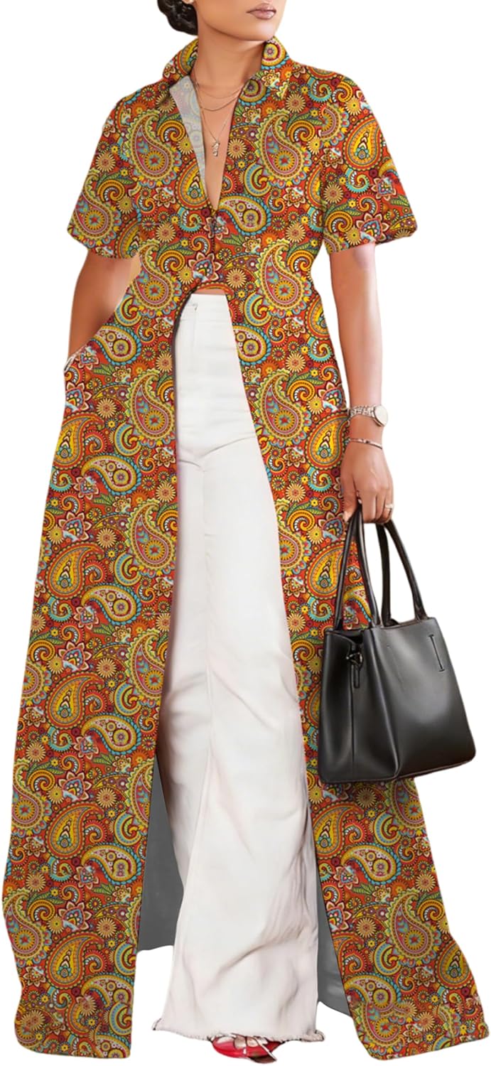 Summer Womens Top Maxi Long Short Sleeve V Neck Zip Up Casual Blouse Kimono Tee Shirt Dress with Pocket for Women