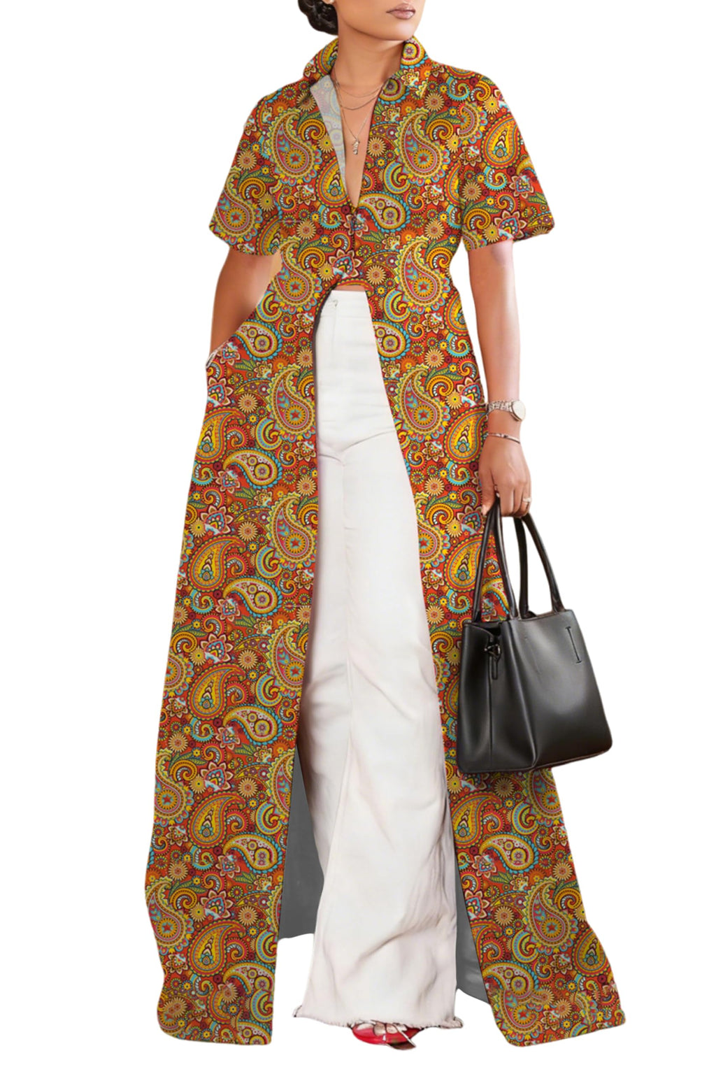 Summer Womens Top Maxi Long Short Sleeve V Neck Zip Up Casual Blouse Kimono Tee Shirt Dress with Pocket for Women