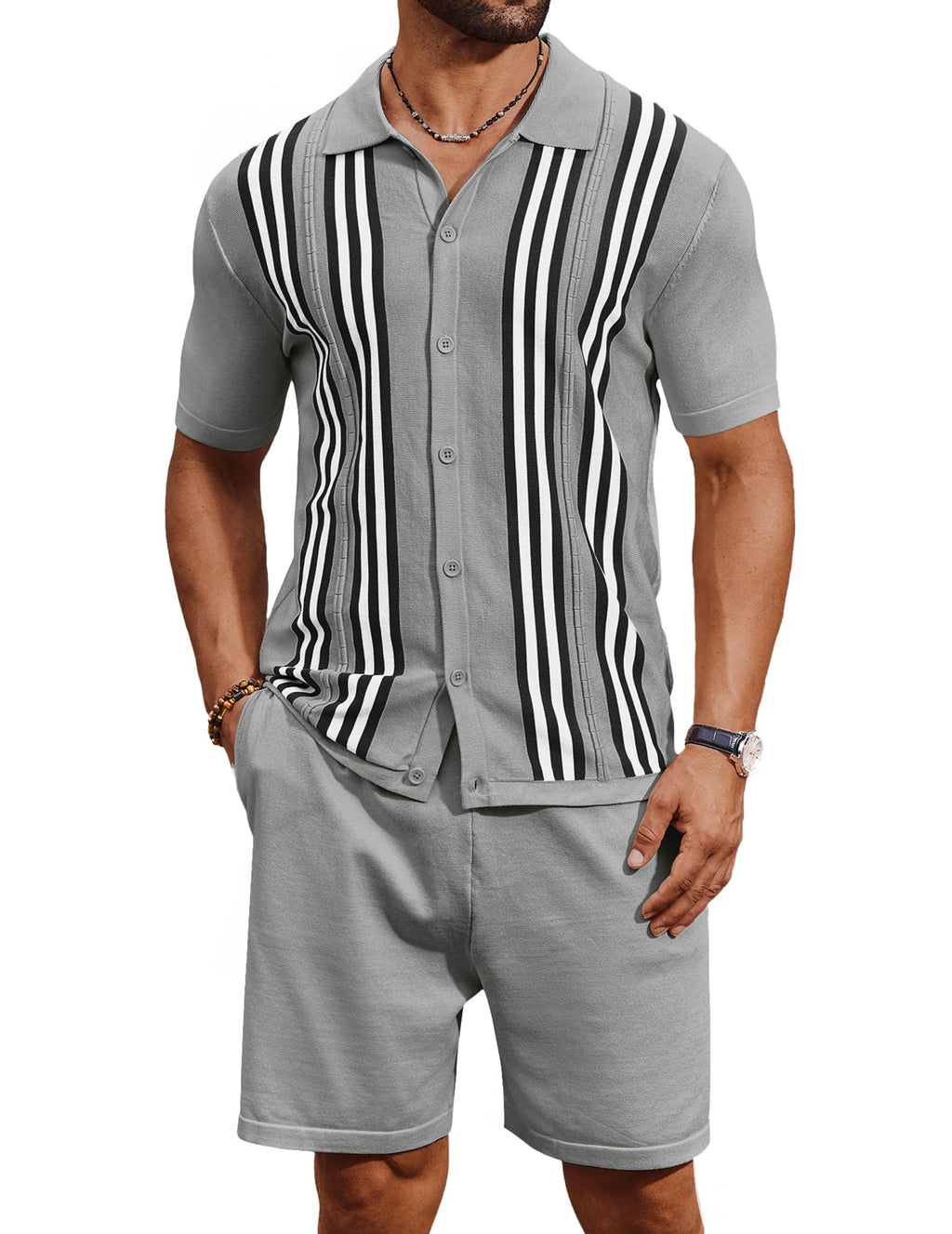 COOFANDY Men's 2 Piece Outfits Summer Short Sets Vintage Knit Button Down Shirt Short Sleeve Polo Casual Beach Suits