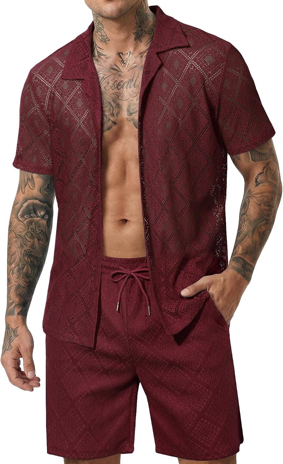 Men 2 Piece Shorts Set Sexy Lace Mesh Sheer Short Sleeve Summer Rave Outfit
