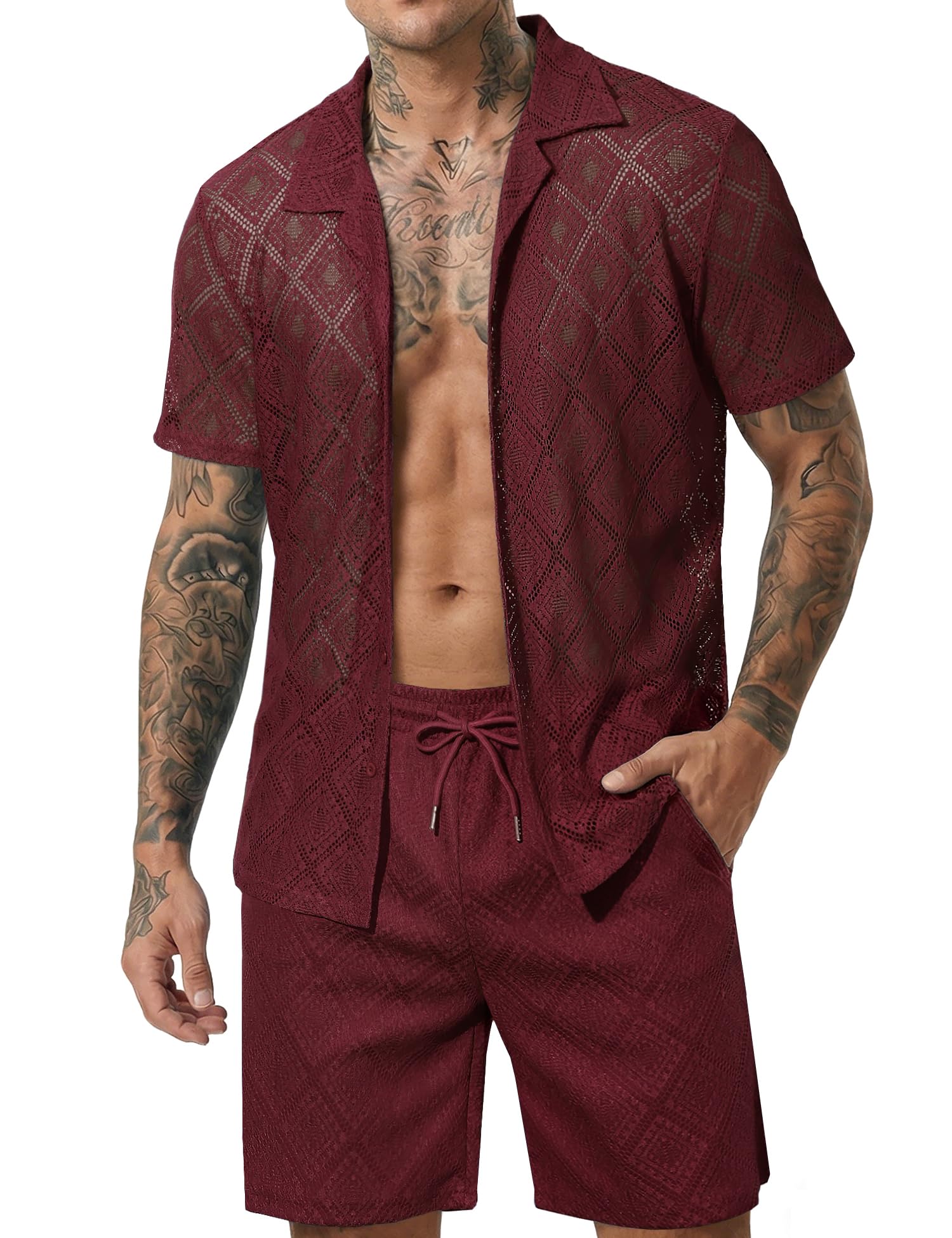 Men 2 Piece Shorts Set Sexy Lace Mesh Sheer Short Sleeve Summer Rave Outfit
