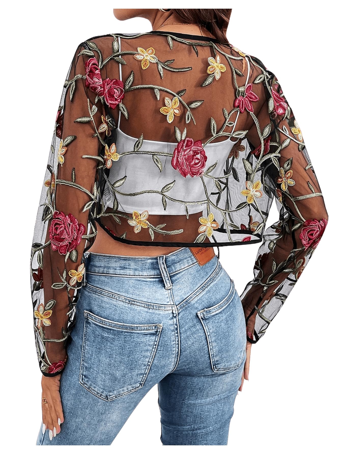 OYOANGLE Women's Floral Embroidered Sheer Bolero Open Front Crop Jackets | Long Sleeve Mesh Summer Cardigan Tops, Wedding Guest, Shrugs for Dresses, Boho Holiday Cover Up
