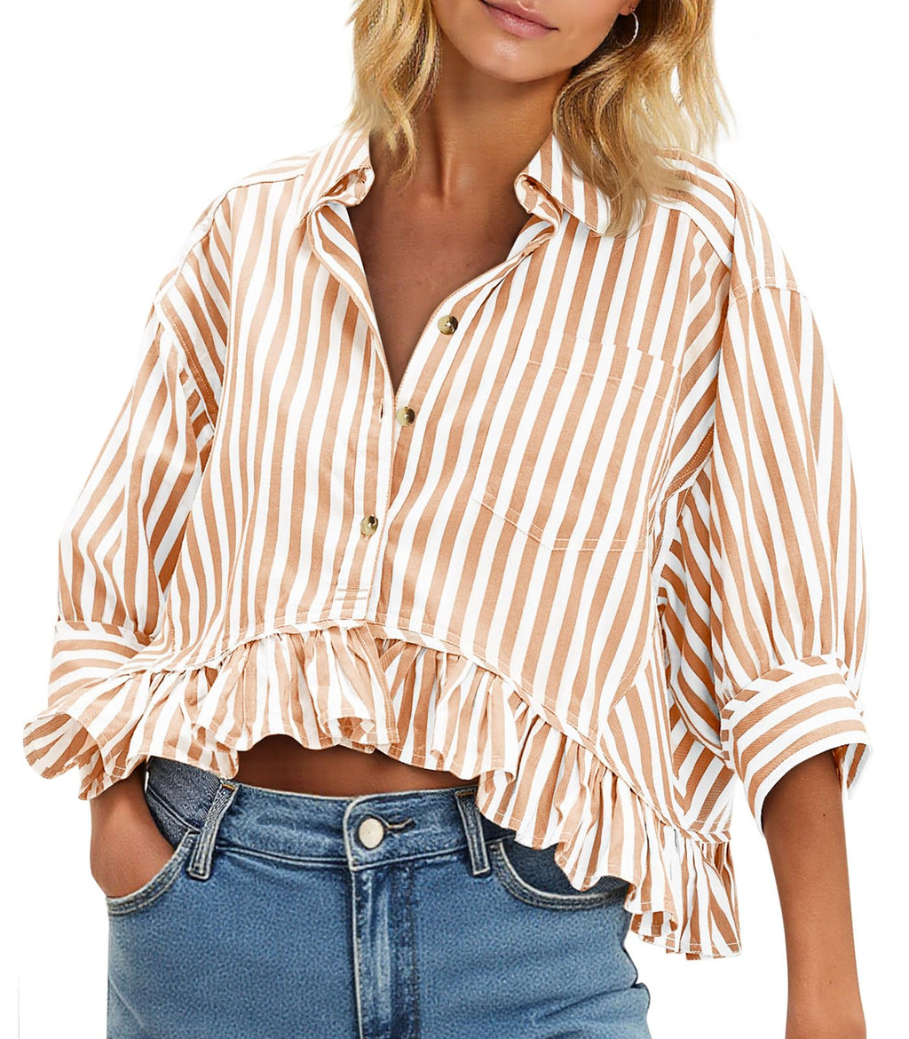Cicy Bell Womens Cropped Striped Button Down Shirts Ruffle 3/4 Length Tops | Dressy Casual Blouses,Summer V Neck Tops,Vacation Outfits