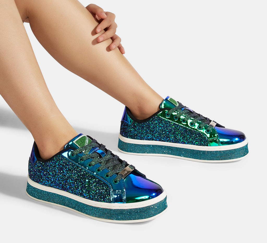 LUCKY STEP Women's Platform Sparkly Glitter Sneakers | Bling Shiny Dressy Bedazzled Wedding Bridal Fashion Walking Shoes