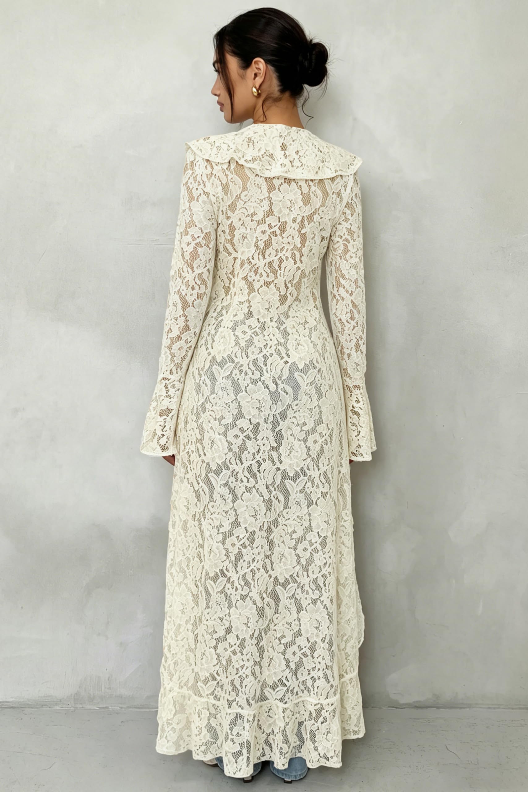 Lace Cardigan for Women Maxi Summer Lightweight Open Front Tie Bell Long Sleeve Ruffled Tops Duster Swimsuit Cover Up