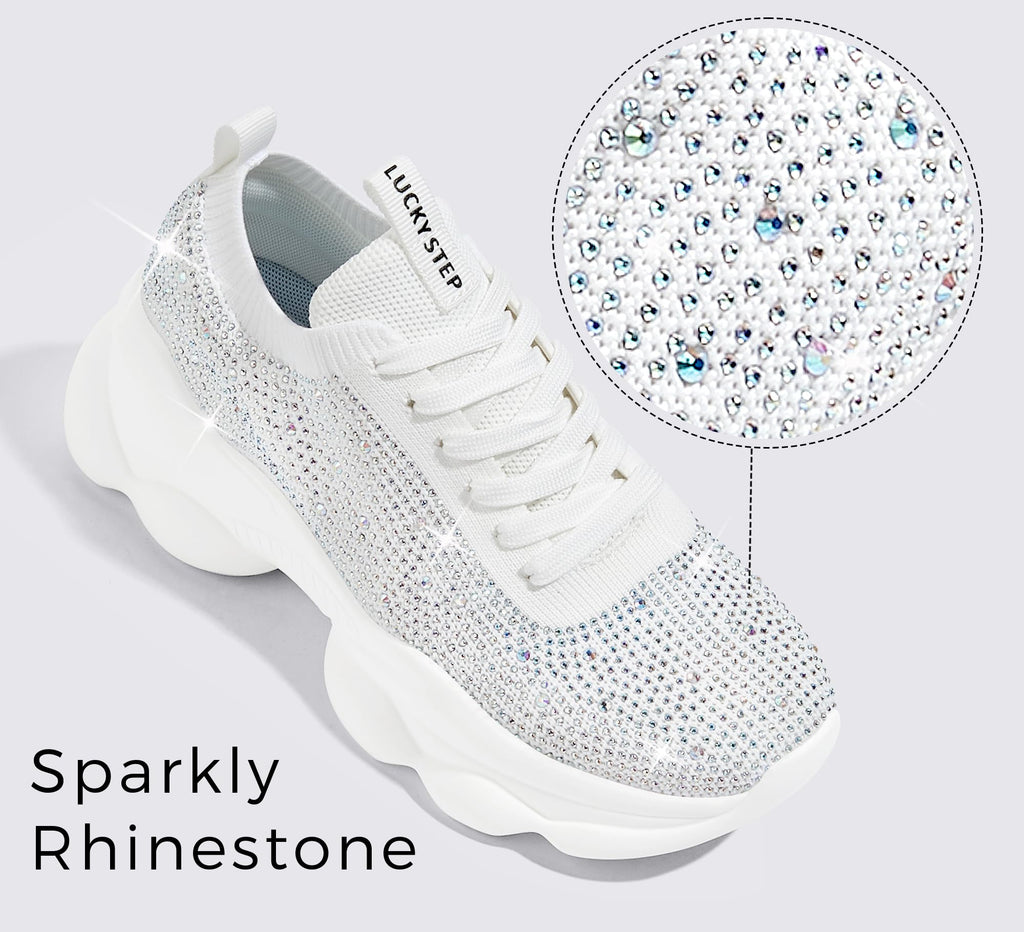 LUCKY STEP Women's Chunky Rhinestone Sneaker Sparkly Bling Bedazzled Mesh Slip on Elastic Sock Glitter Shiny Rave Walking Shoes