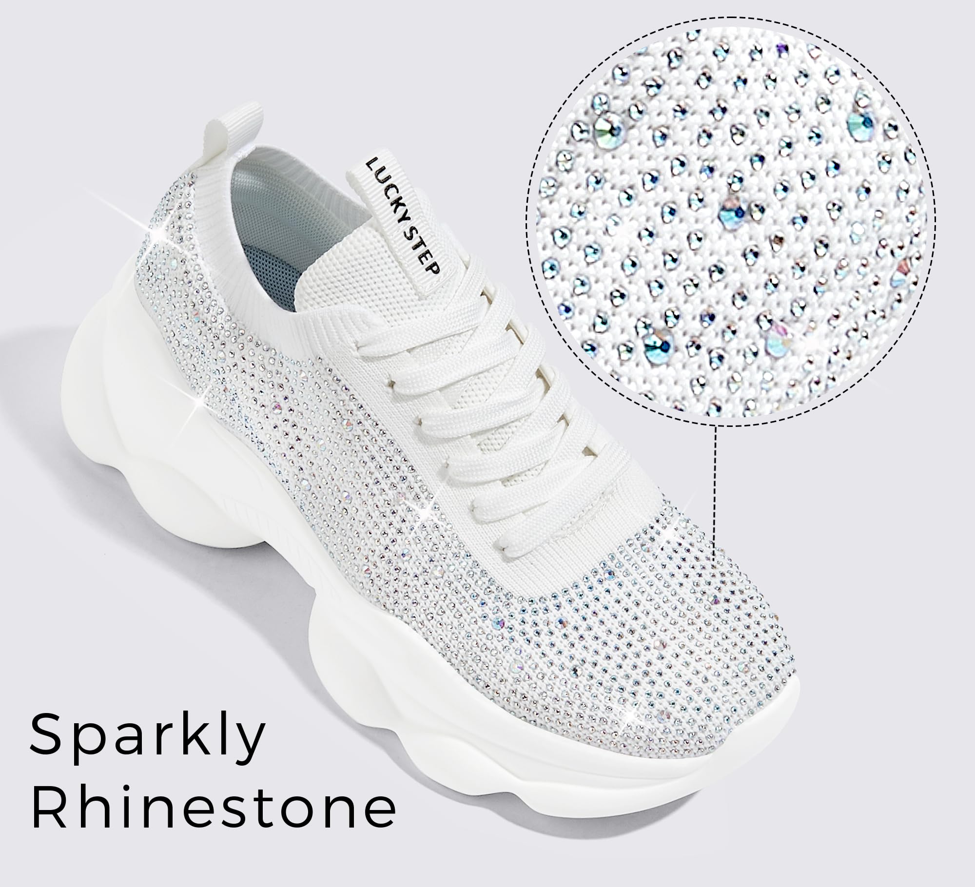 LUCKY STEP Women's Chunky Rhinestone Sneaker Sparkly Bling Bedazzled Mesh Slip on Elastic Sock Glitter Shiny Rave Walking Shoes