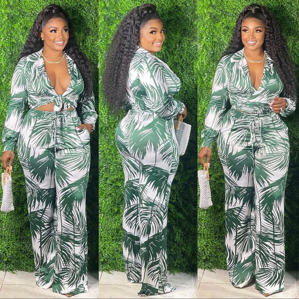 2 Piece Outfits for Women Sexy V Neck Print Shirts Tie Knot Batwing Blouses Crop Top Wide Leg Pants Set
