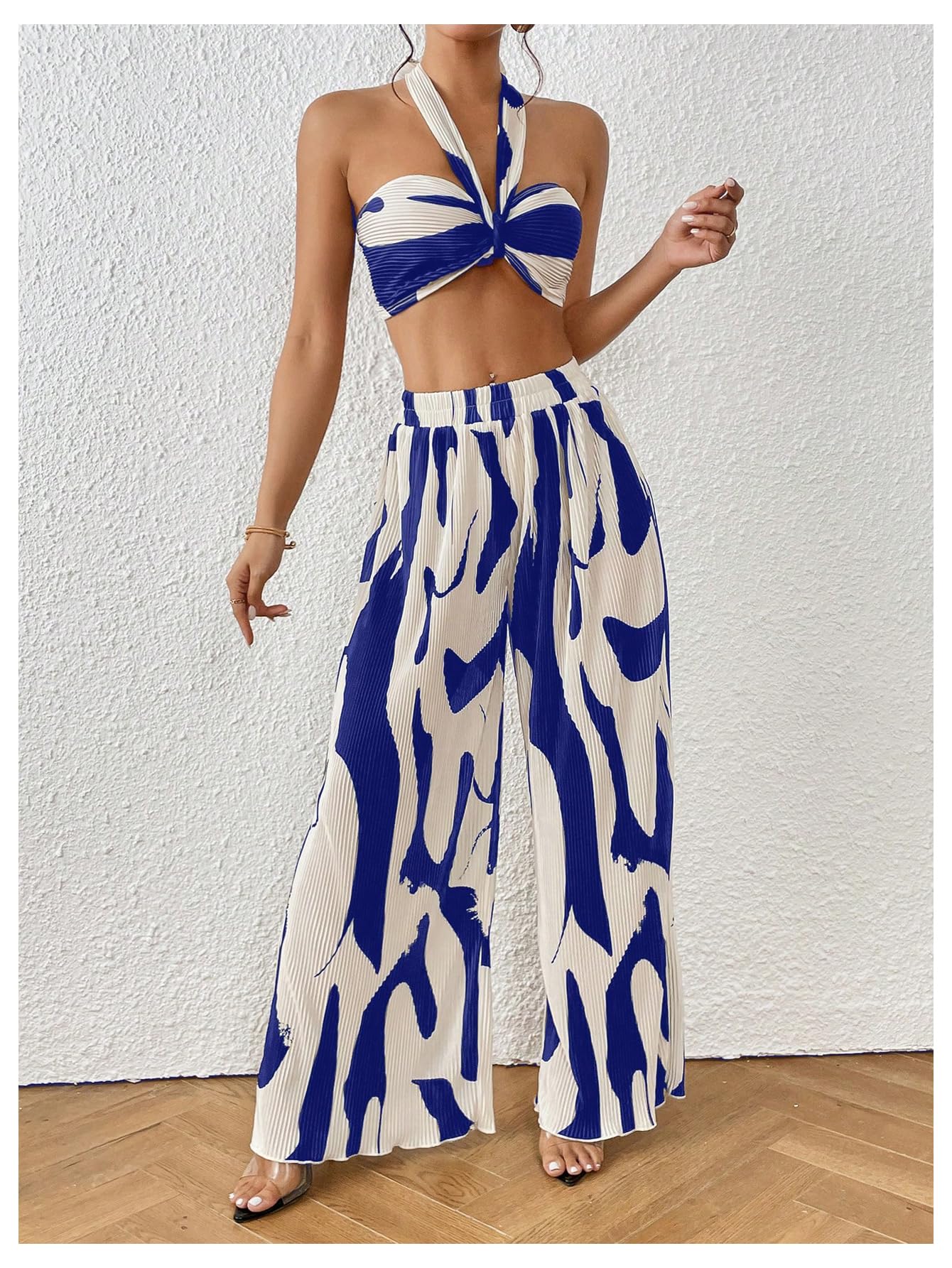 OYOANGLE Women's 2 Piece Graphic Halter Top Wide Leg Pants Vacation Outfits | Knitted, Sleeveless, Crop, High Waist, Beach Club, Summer Sets, Sexy Resort Wear