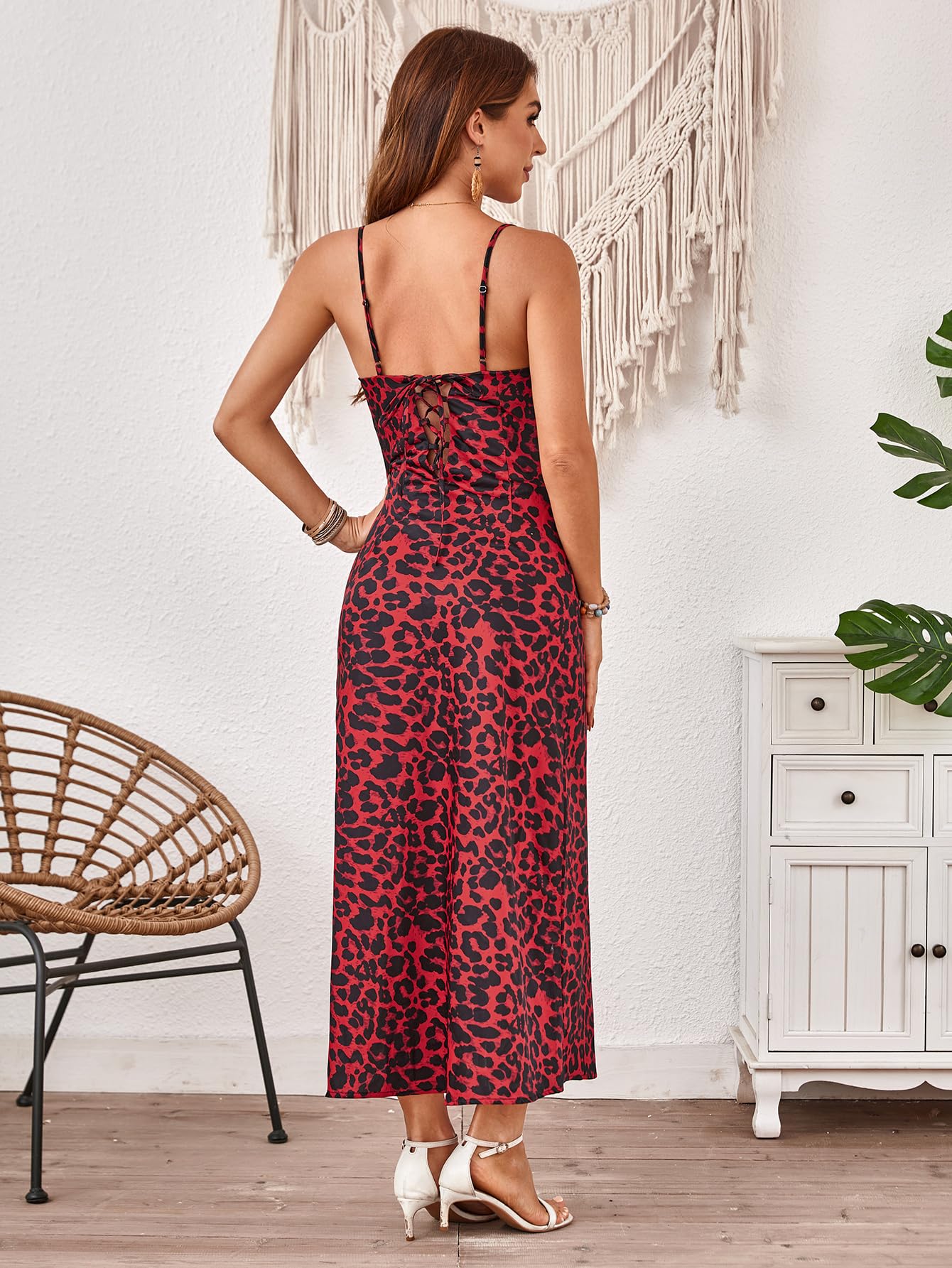 Floerns Women's Leopard Print Draped Collar Spaghetti Strap Cami Long Dress | Cheetah, Animal Print, Cowl Neck, Draped, Western, Concert, Going Out, Corset Maxi Dresses