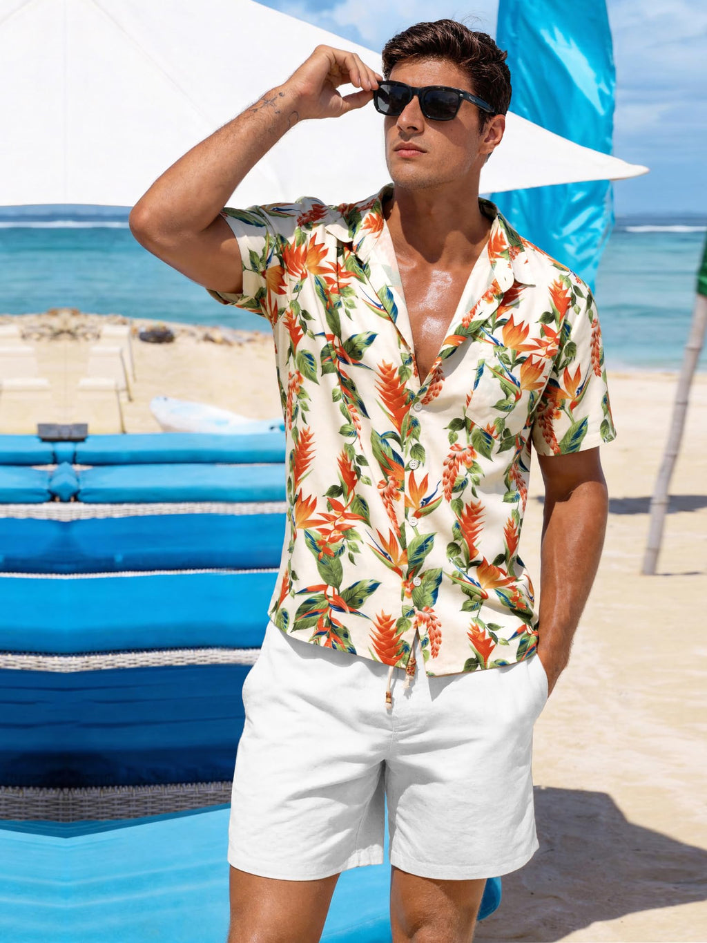 JEMLDL Men's Hawaiian 2 Piece Outfits Floral Button Down Shirts & Linen Shorts Sets Summer Beach Travel Clothes