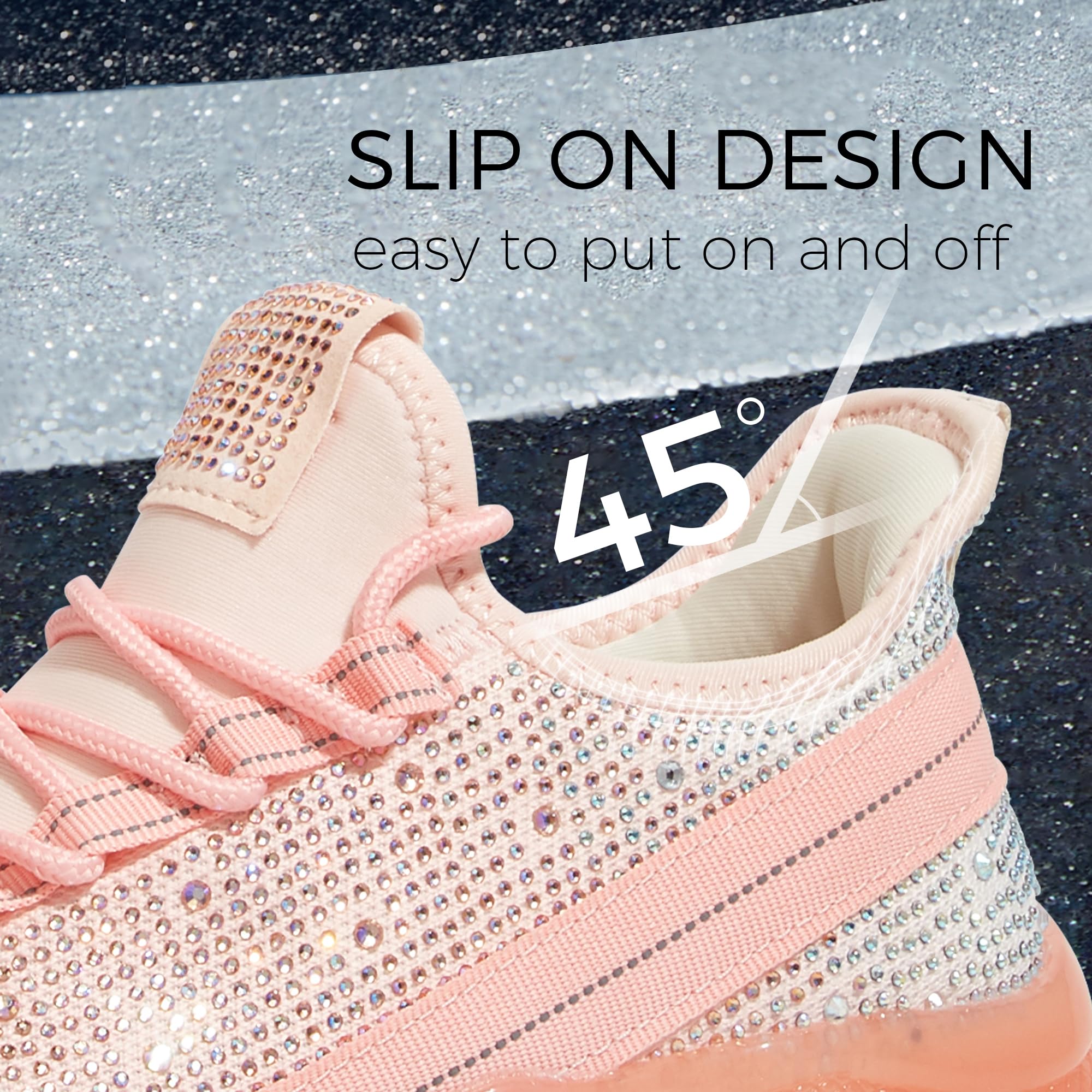 BELOS Women Rhinestone Mesh Slip On Walking Shoes | Fashion Breathable Spakle Glitter Sneaker
