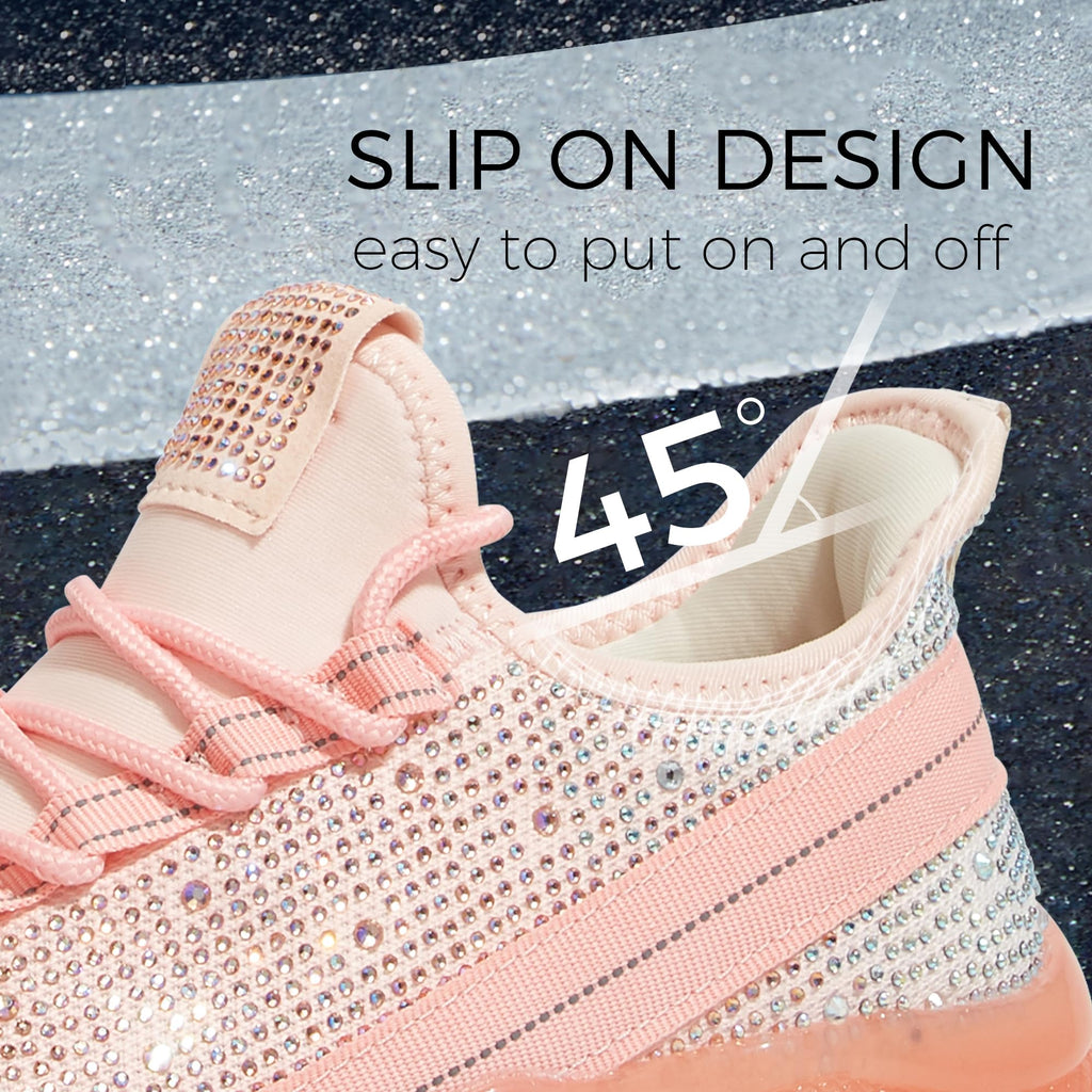 BELOS Women Rhinestone Mesh Slip On Walking Shoes | Fashion Breathable Spakle Glitter Sneaker