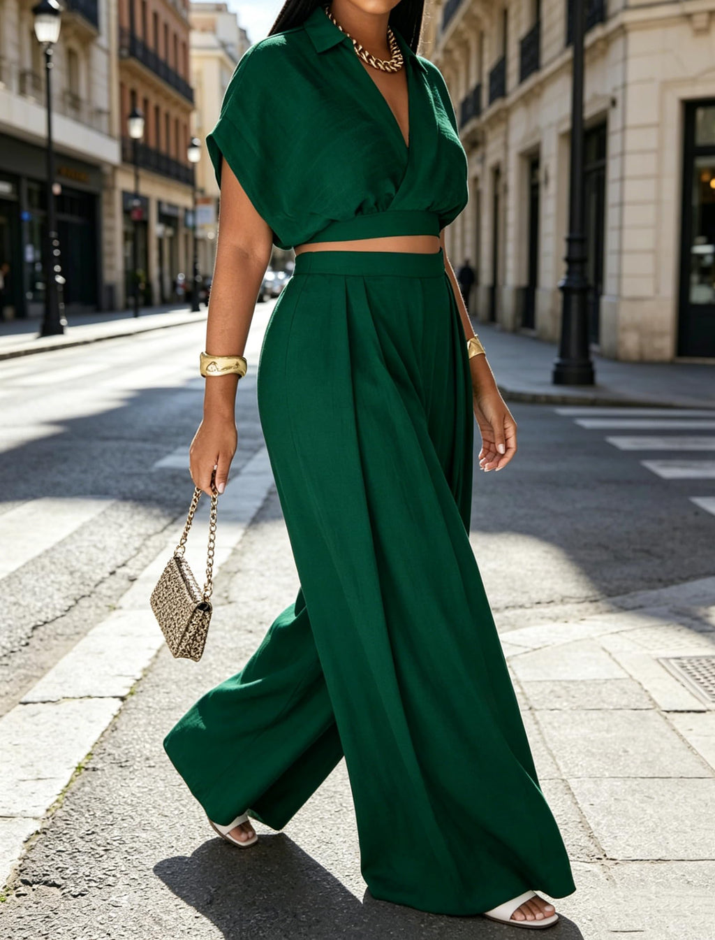 Ekaliy Women Two Piece Crop Top Flowy Wide Leg Pants Set Summer Outfits | Lightweight breathable fabric,batwing V-neck crop top,elastic waist wide leg lined pants with pockets for casual wear.
