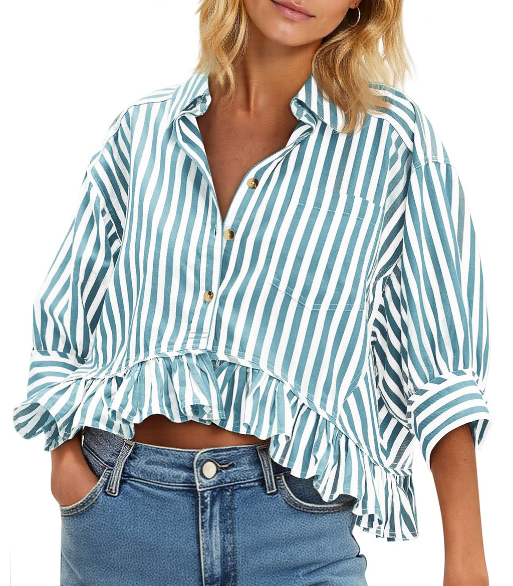 Cicy Bell Womens Cropped Striped Button Down Shirts Ruffle 3/4 Length Tops | Dressy Casual Blouses,Summer V Neck Tops,Vacation Outfits
