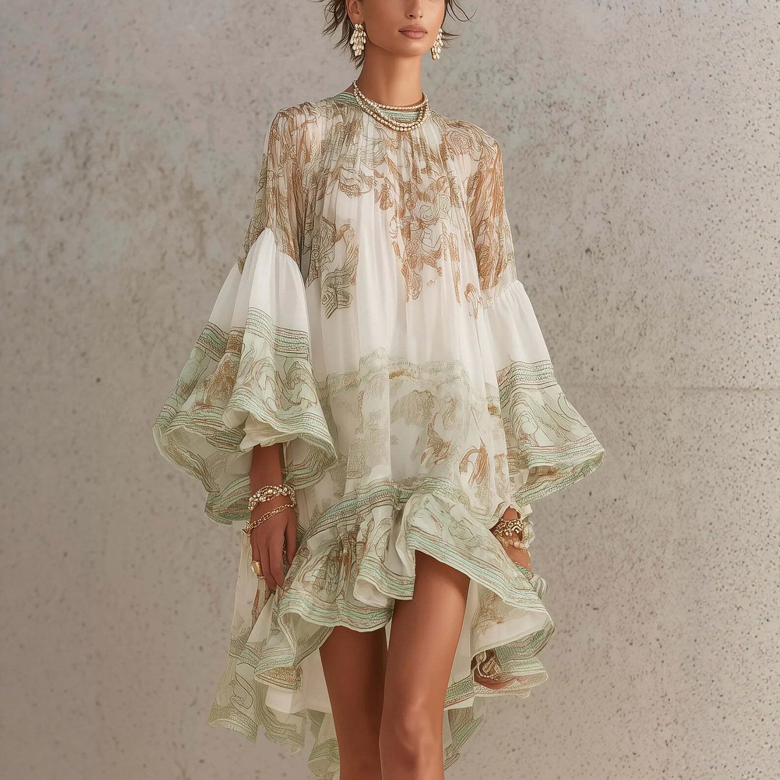 Women's Vintage Floral Print High Low Midi Dress, Crew Neck Long Sleeve Ruffle Hem Flowy Chiffon Boho Vacation Dress
