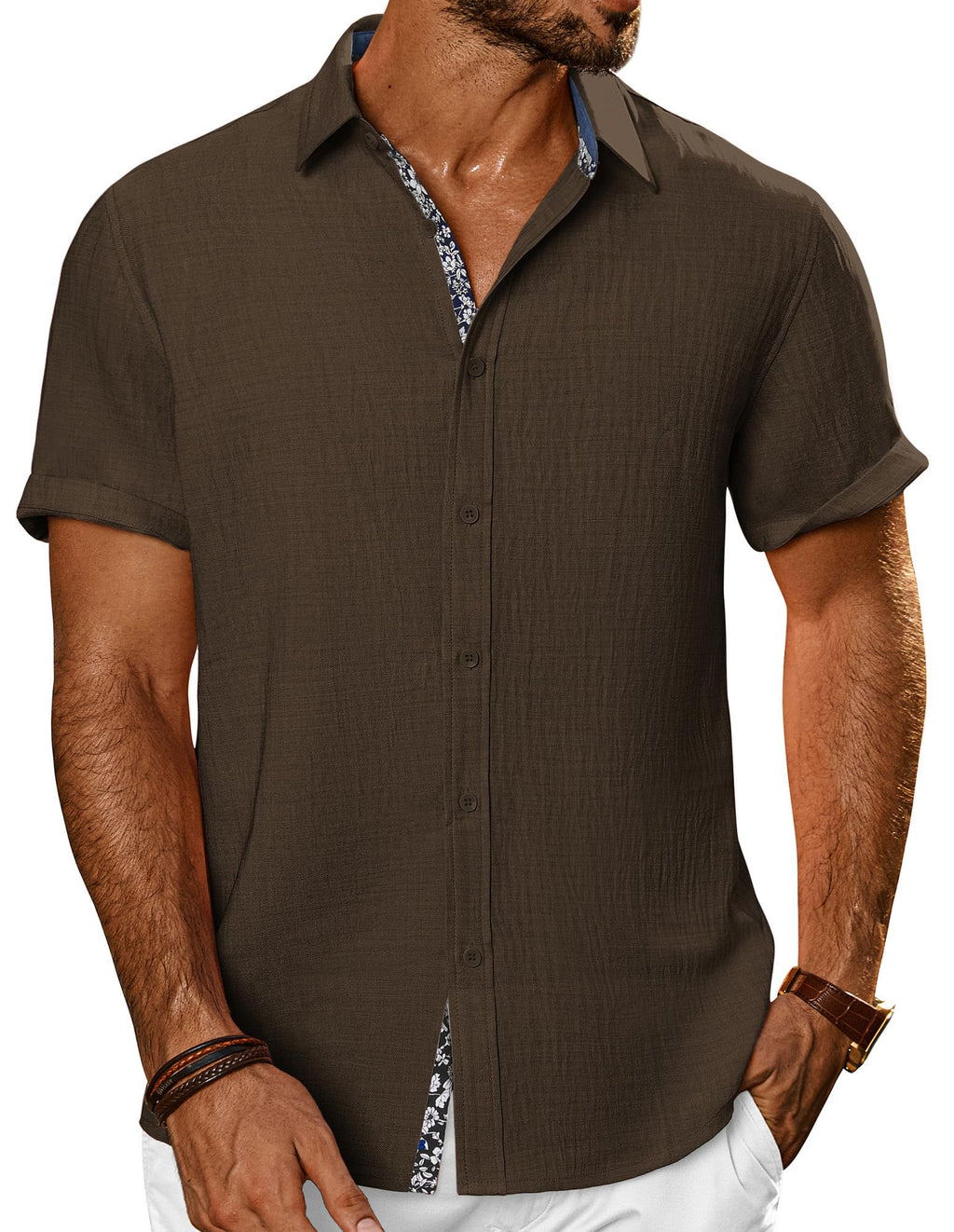 PJ PAUL JONES Mens Short Sleeve Button Down Shirts Casual Summer Clothing | Linen Textured, Summer Beach Vacation Tops, Untucked Dress Shirt, Lightweight, Regular Fit, Fashion Resort Wear