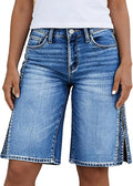Flamingals Mid Waist Wide Leg Bermuda Denim Shorts for Women | Washed Split Hollow Out Trendy Denim Shorts