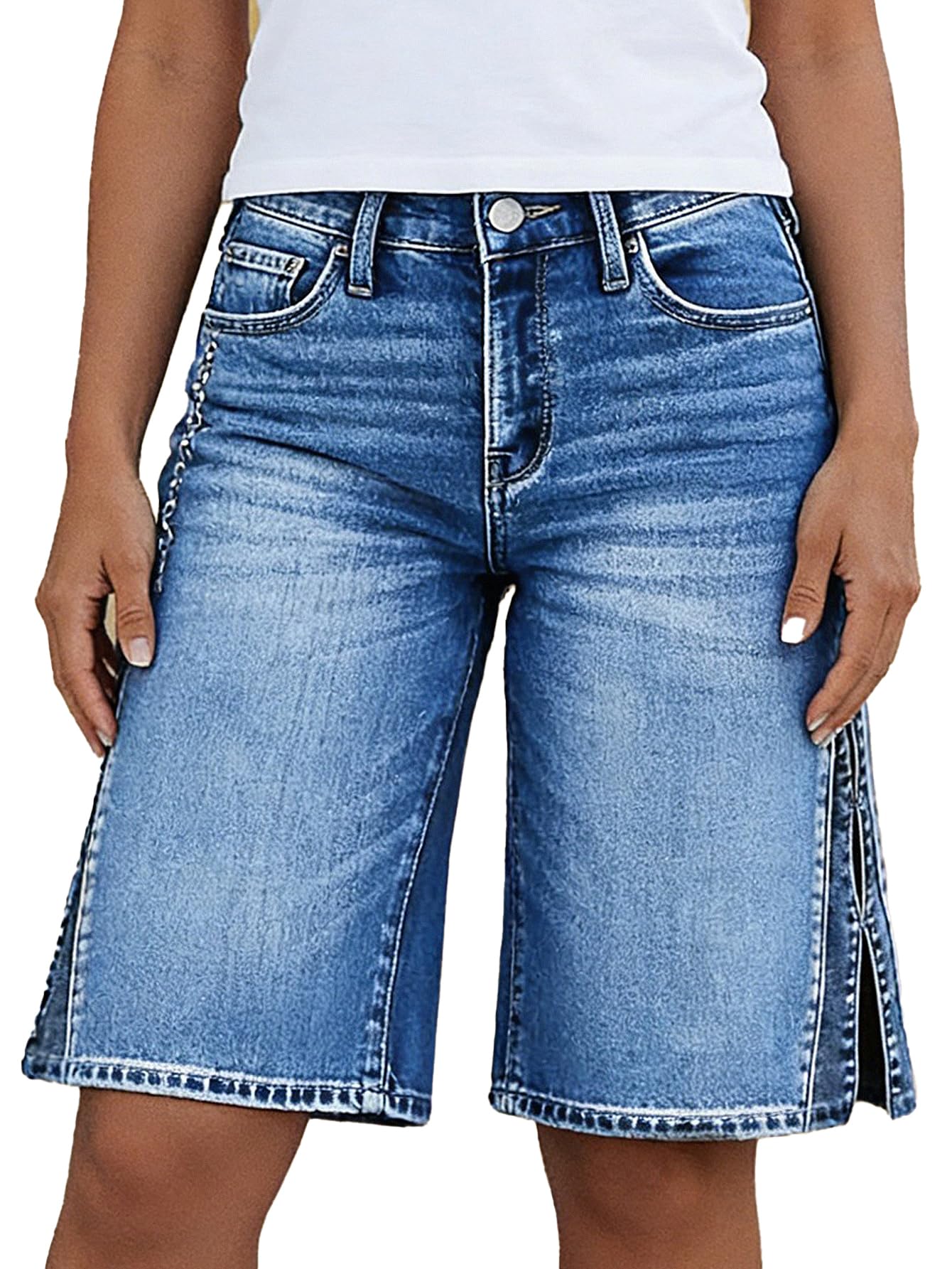 Flamingals Mid Waist Wide Leg Bermuda Denim Shorts for Women | Washed Split Hollow Out Trendy Denim Shorts