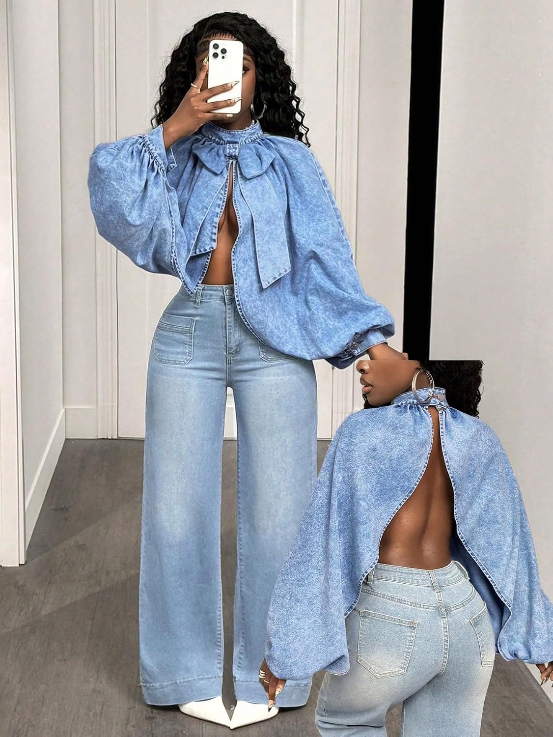 Denim Jacket Women Long Sleeve Backless Jean Blouse Tops Y2k Outfits