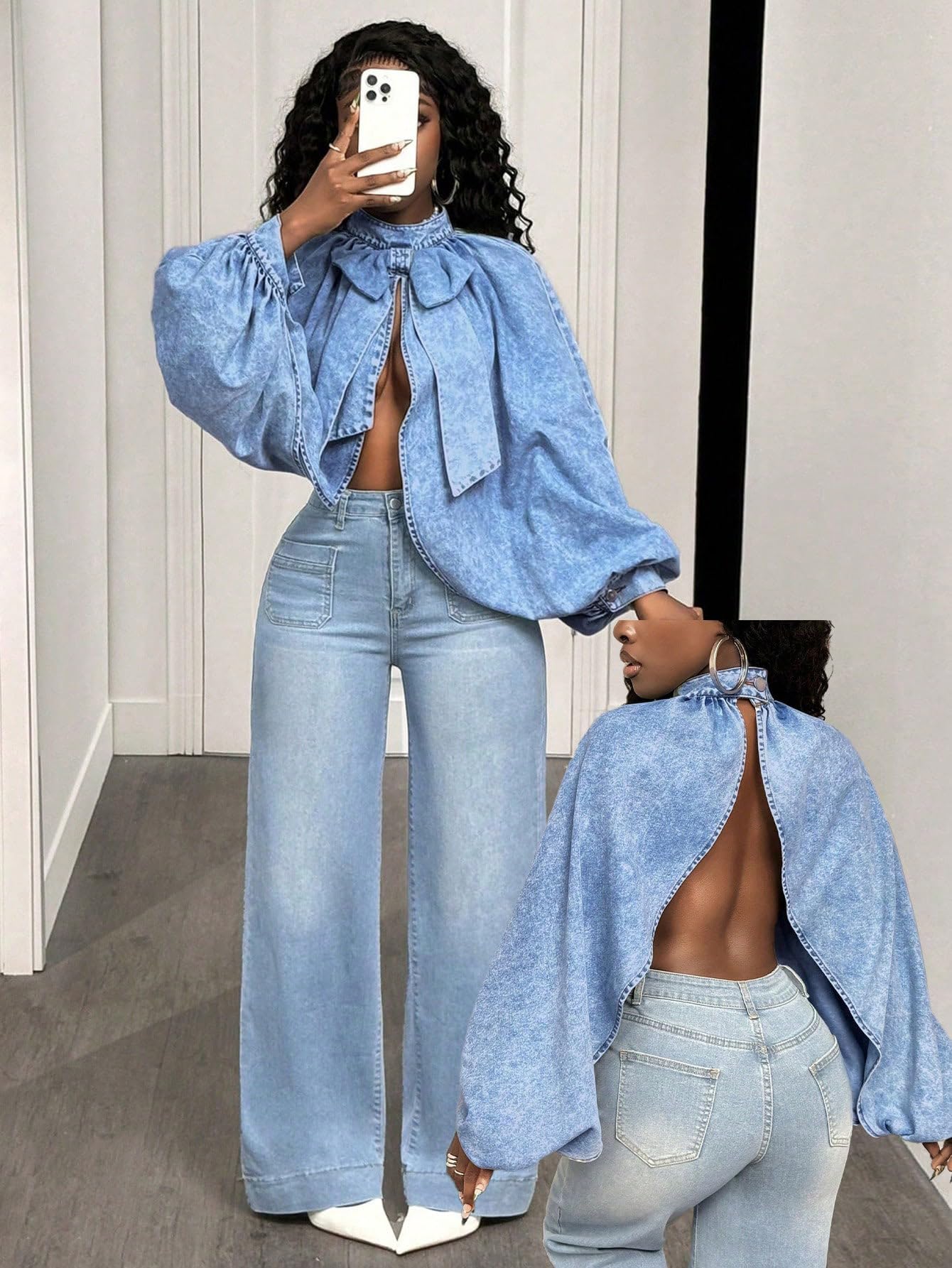Denim Jacket Women Long Sleeve Backless Jean Blouse Tops Y2k Outfits